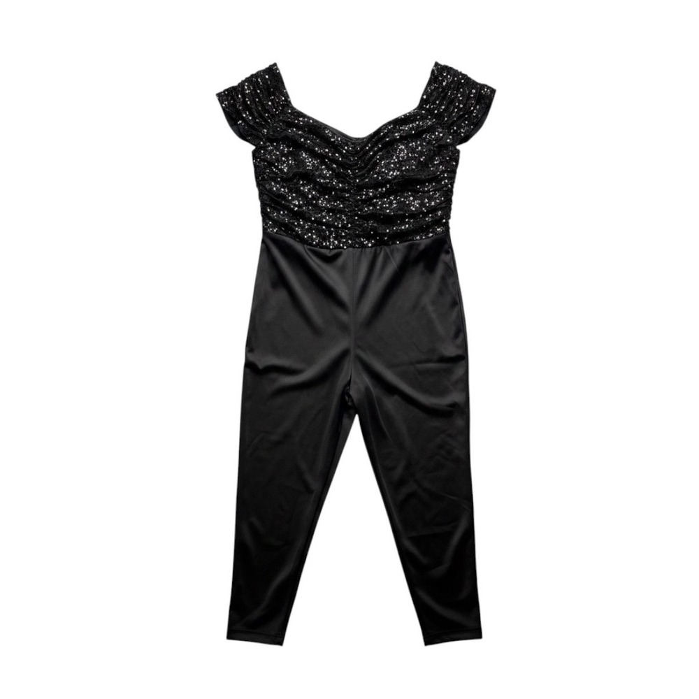 Starline Sequin Bodice Jumpsuit Women 2X Black Ruched Sweetheart Glamour Chic